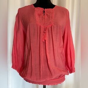 Alfred Dunner cotton blend 3/4 sleeve peasant blouse tassel tie smocked hem 12
